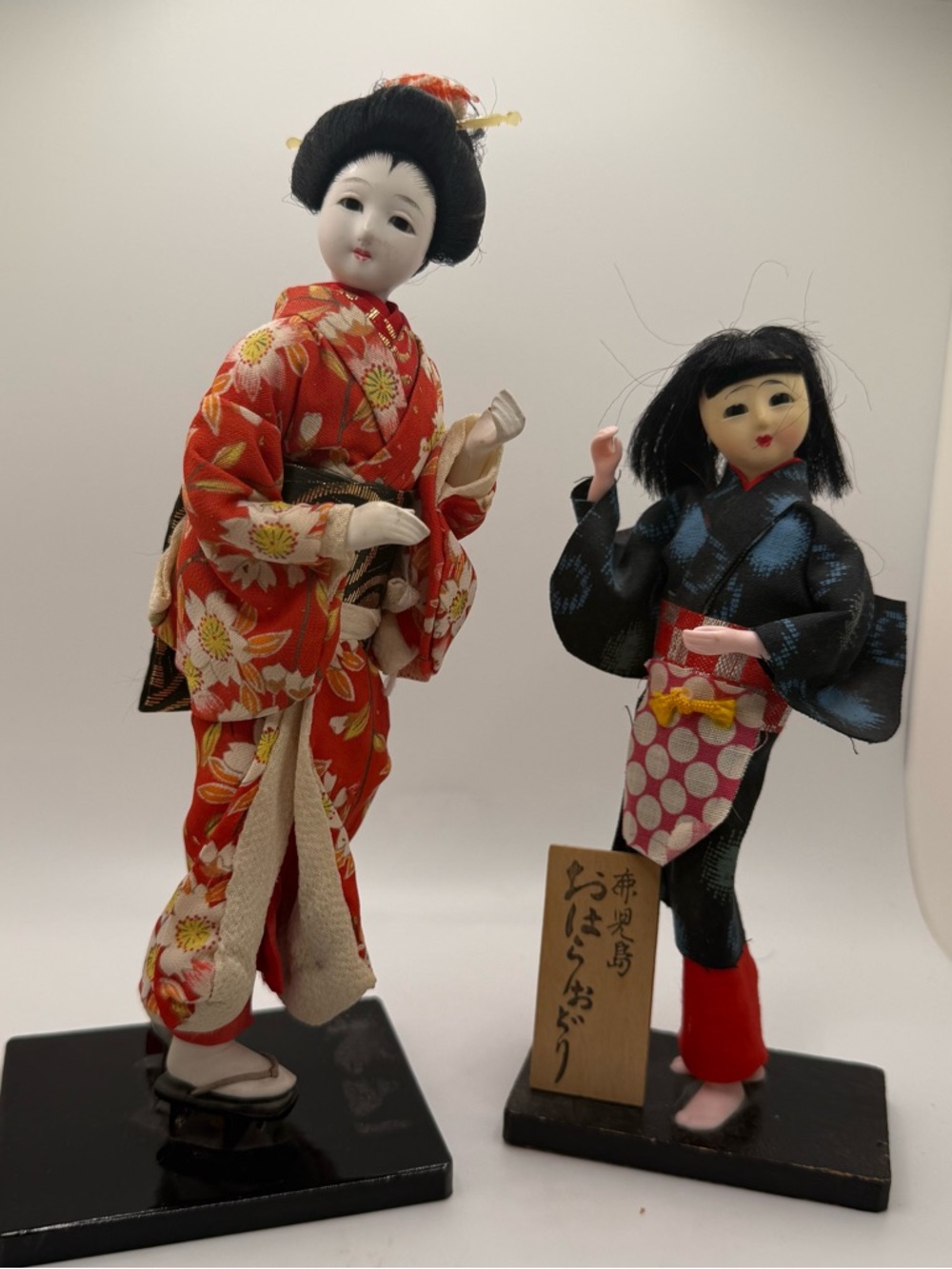 Vintage Japanese Geisha Dolls Set 2 Kimono Fabric Wood Base Japan 10” 12”